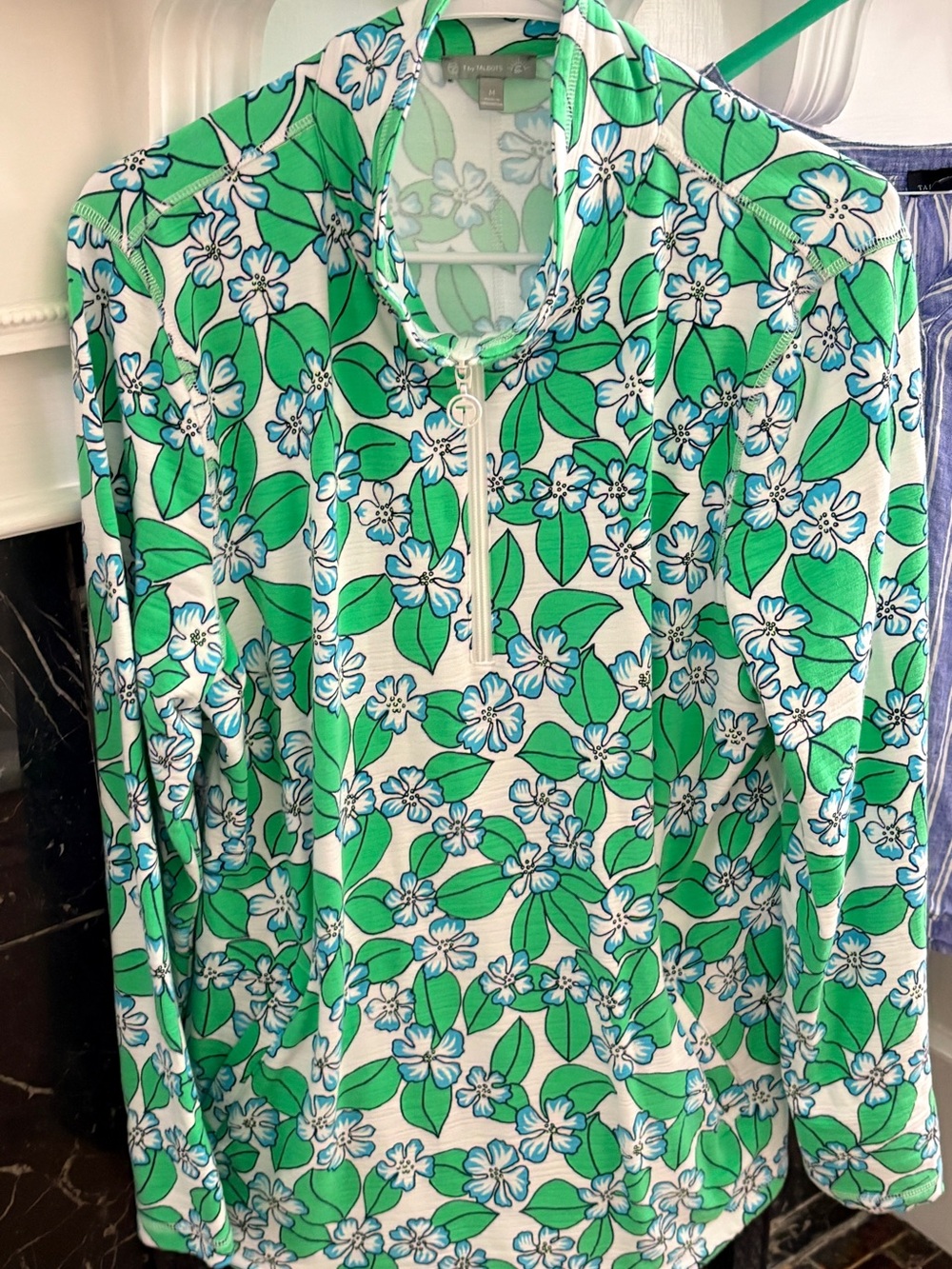 Talbots Green and White Floral Half-Zip Sweatshirt